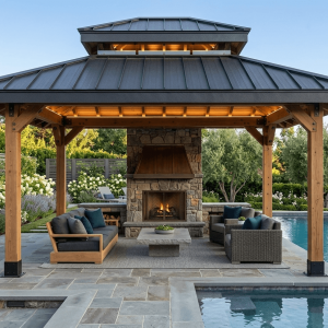Realistic rendering of a double hip roof pavilion by a pool with a fireplace.