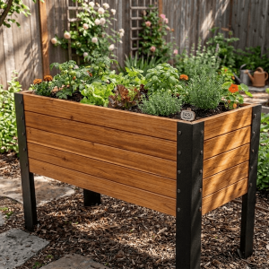 Realistic 18x48 modern raised garden bed with plants on a stone patio.