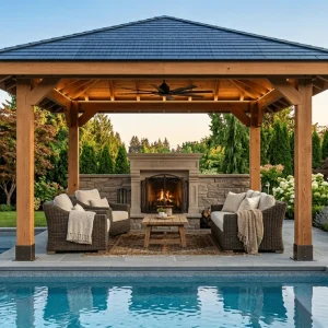 Realistic rendering of a 10x10 hip roof pavilion by a pool with a fireplace.