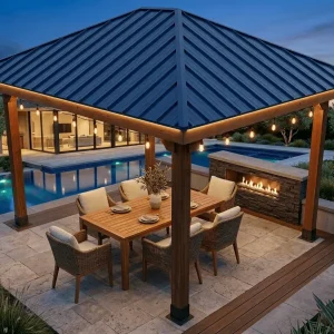 Realistic rendering of a 10x12 hip roof pavilion by a pool with a fireplace.