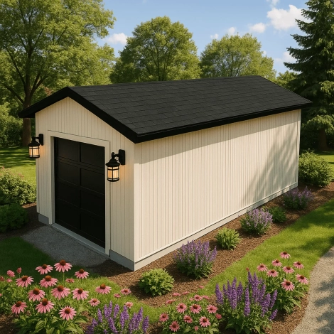 Realistic rendering of a 10x20 gable garden shed with black shingle roof and vertical siding in a backyard.