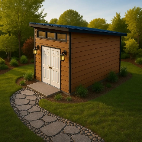 Photorealistic view of the modern lean-to shed situated in a green garden.