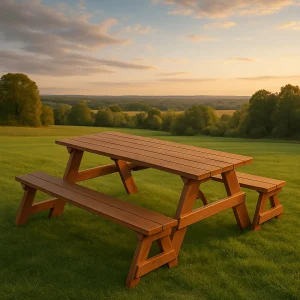 Completed wooden picnic table and two benches in a sunset field