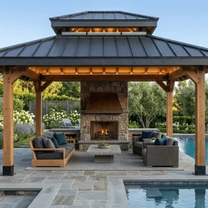 Realistic rendering of a double hip roof pavilion by a pool with a fireplace.