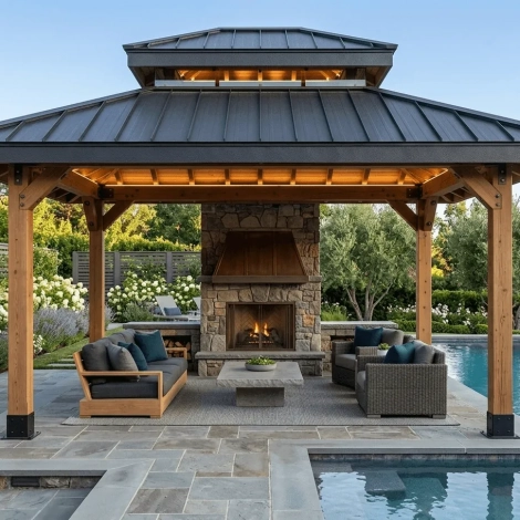 Realistic rendering of a double hip roof pavilion by a pool with a fireplace.