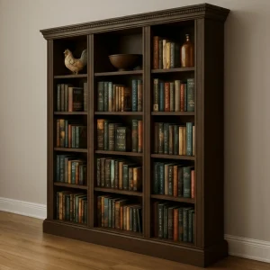 Classical Oxford bookcase built from woodworking plans styled in a home library with books. Plans de bibliothèque Oxford.