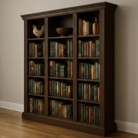 Classical Oxford bookcase built from woodworking plans styled in a home library with books. Plans de bibliothèque Oxford.