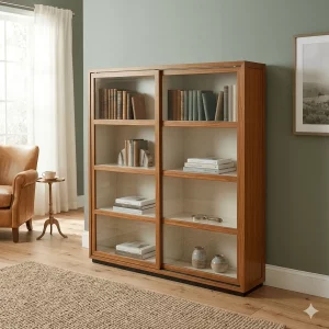 Finished Teak wood bookcase with sliding glass doors in a living room.