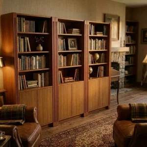 Three custom DIY wooden bookcases built from woodworking plans grouped together in a warm living room